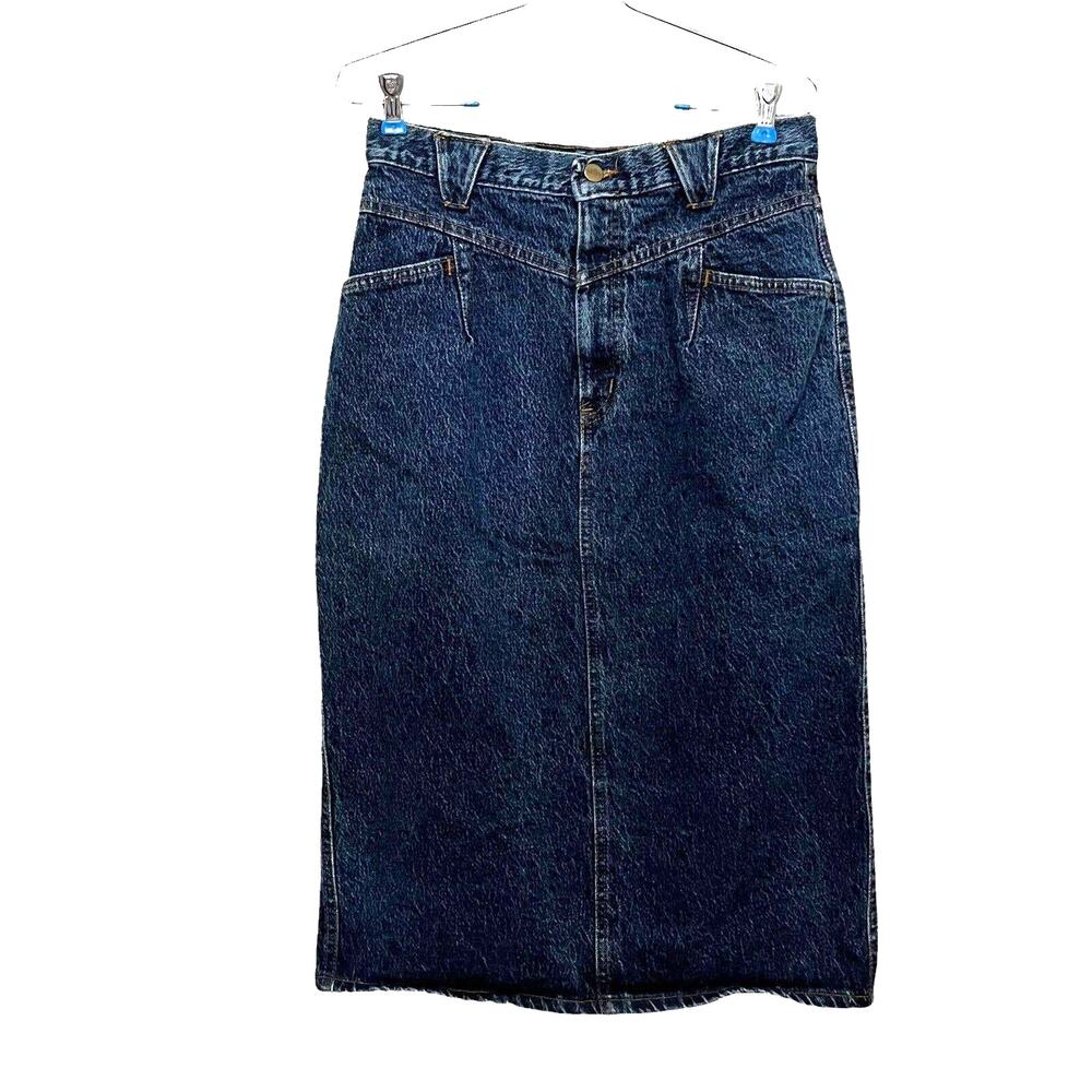 Denim Jean Skirt Retro Modest Vintage 80s Chic Girls Blue Yoke Waist Midi Size S